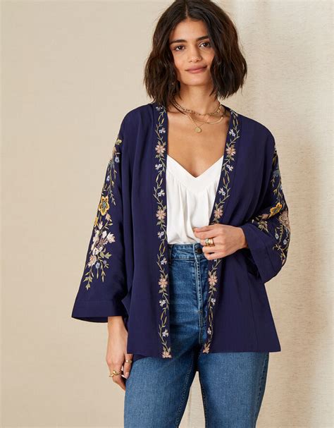 Floral Embroidered Short Kimono Blue Womens Jackets Monsoon Global