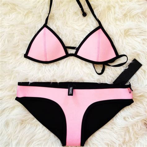 Swimwear Pink Black Bikini Pale Pink Cute Trendy Summer Pink Bikini Triangle Bikini