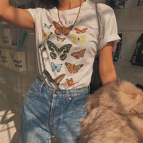Wman's Butterfly Print Round Neck Loose All-Match Short Sleeved T-Shirt ...