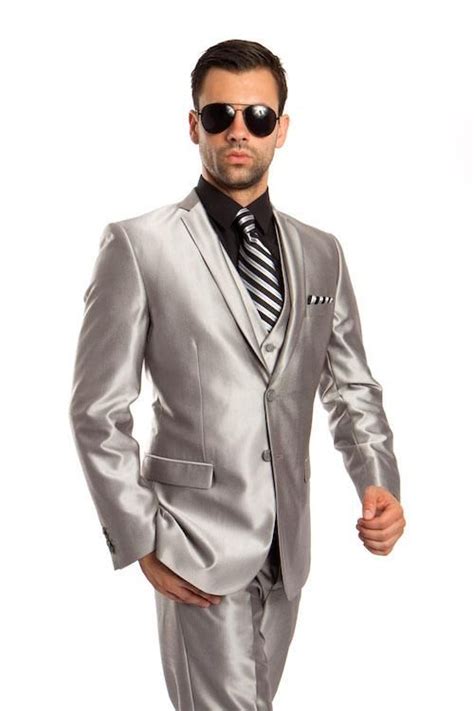 Silver Shiny Vested Suit Mens Suits Prom Suits For Men Sharkskin Suit