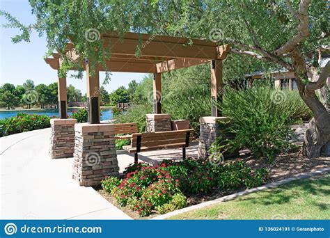 Pergola In A Park Surrounded By Plants And Trees Stock Image Image Of