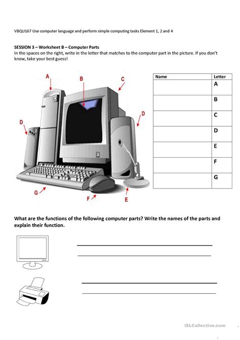 Computer Parts And Their Functions Worksheet Free Esl Printable