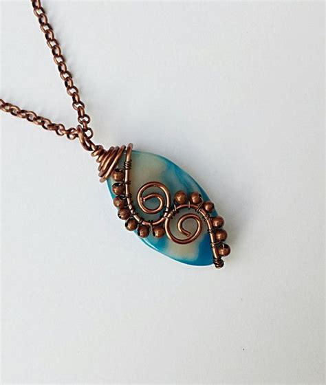 Small Wire Wrapped Pendant Necklace Agate Bead Artisian Copper
