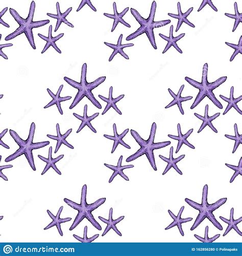 Purple Seastar Seamless Pattern Isolated On White Background Stock