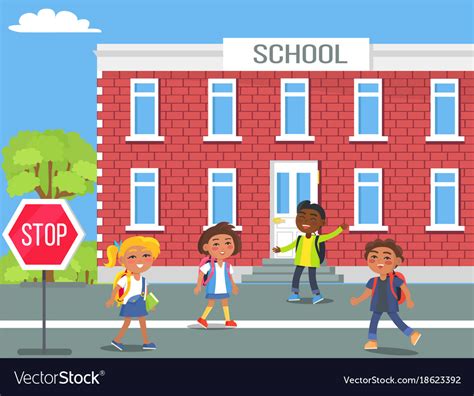 Children In Front Of School Cartoon Royalty Free Vector