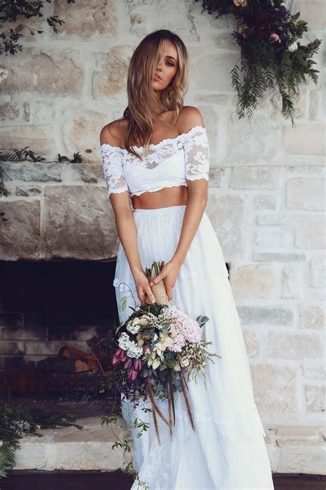 Off The Shoulder Two Pieces Beach Wedding Dresses 2017 Short Sleeves Lace Boho Bohemian Wedding