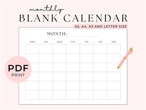 Blank Monthly Calendar Printable Blank Calendar Page Calendar