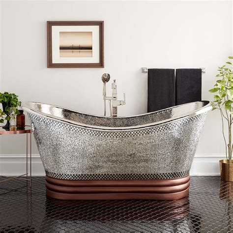 This double slipper tub boasts a large sitting area with sloped ends that provide comfortable reclining from either end. 71" Anastasia Mosaic Nickel-Plated Copper Double-Slipper ...