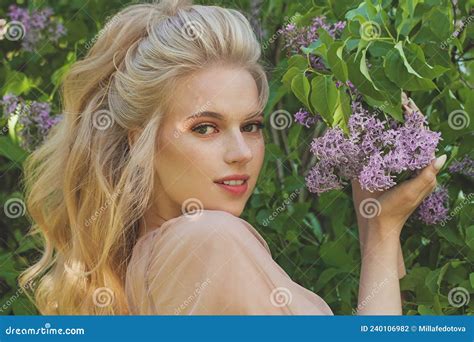 Positive Cheerful Young Woman With Perfect Blonde Hair Outdoor Stock