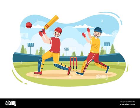 Batsman Playing Cricket Sports With Ball And Stick In Flat Cartoon