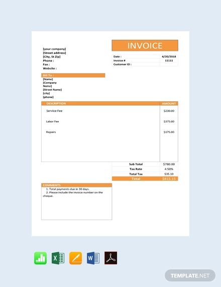 simple service invoice template  word
