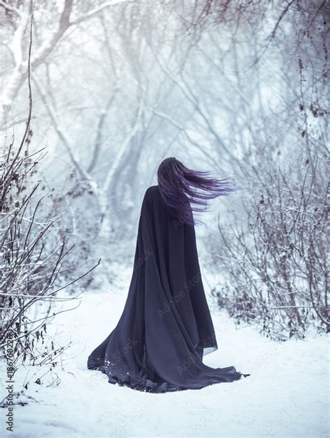 Fantasy Woman Go Away On Path Of Winter Wood Forest Dark Silhouette