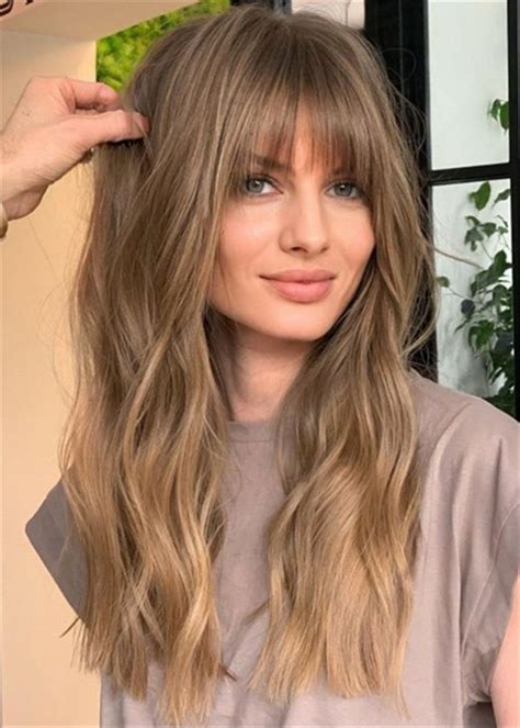 Women Balayage Hairstyle Capless Wavy Human Hair Inches Wigs With Bangs In Long