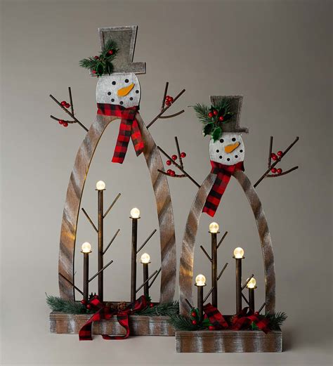 Tabletop Lighted Wooden Snowmen Set Of 2 Holiday Lighting Holiday