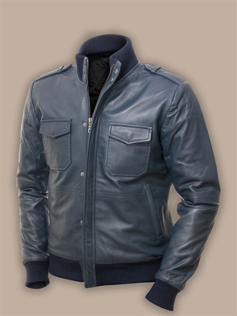 Men Blue Bomber Leather Jacket Men Jacket Mauvetree