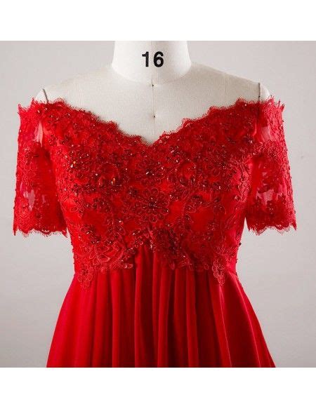23953 Plus Size Red Sequin Lace Off Shoulder Empire Long Formal Dress With Sleeves Mn017