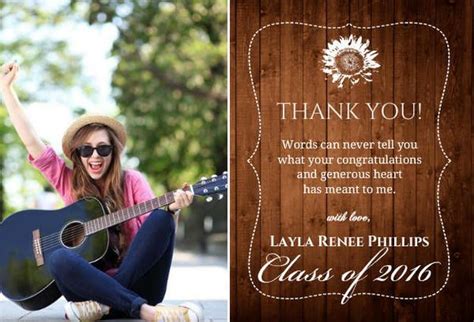 If you use humor and casual language to communicate with your recipient in everyday life, then feel free to do the same when write them a graduation thank you. Wood-grain photo graduation thank you card available on ...