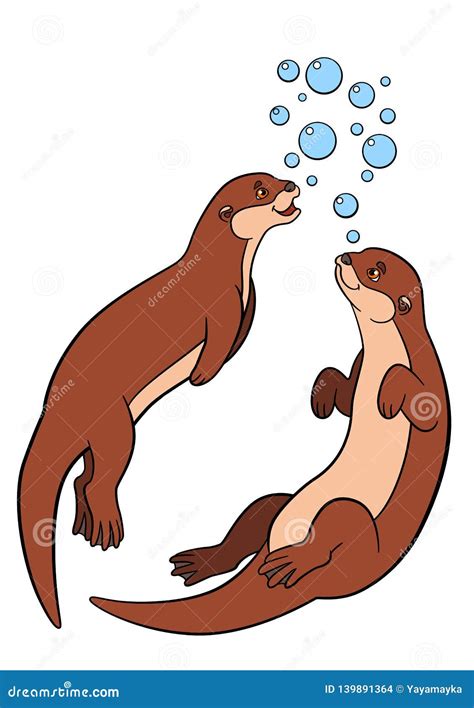 Cartoon Animals Two Little Cute Otters Swim Stock Vector