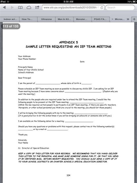Sample letter requesting IEP team meeting | Letter to parents