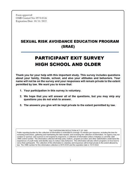 Sexual Risk Avoidance Program Srae Participant Exit Survey High School And Older