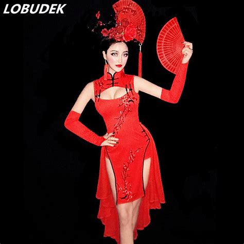 Chinese Style Red Cheongsam Sleeveless Dress Sexy Club Ds Costume Nightclub Bar Dj Singer