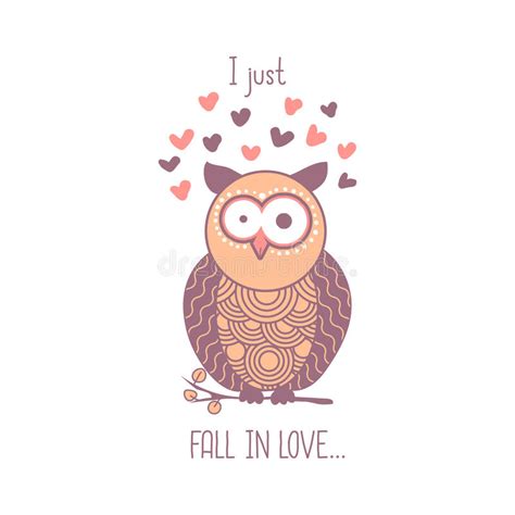 I Just Fall In Love Cute Pink Shocked Cartoon Owl With Hearts Stock