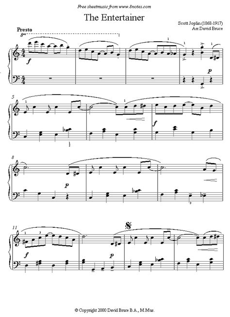 From a youtube video, click the bookmark to find it's sheet music. Scott Joplin - The Entertainer sheet music for Piano - 8notes.com