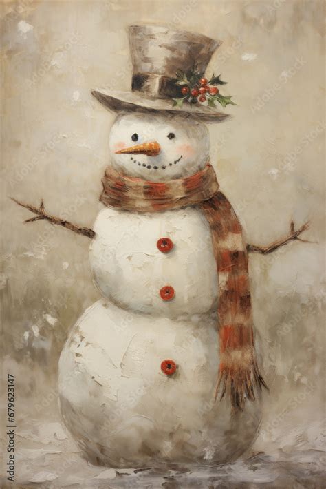 Snowman Illustration In Retro Style Vintage Oil Painting Of A Snowman