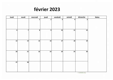 Calendrier Février 2023