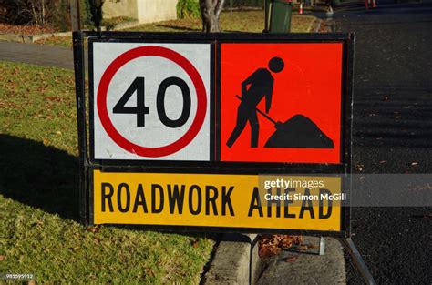 Road Work Ahead Manual Worker Ahead And 40 Kilometer Per Hour Speed