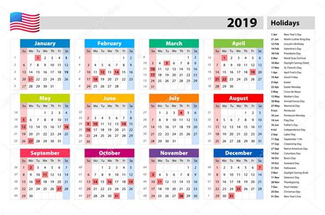 Vector Public Holidays Usa Calendar 2019 Colorful Set Week Starts