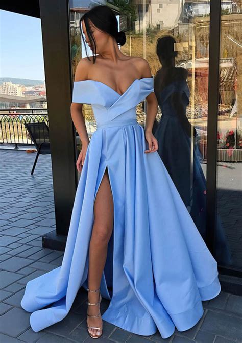 A Line Off The Shoulder Sweep Train Satin Prom Dress With Pleated Split