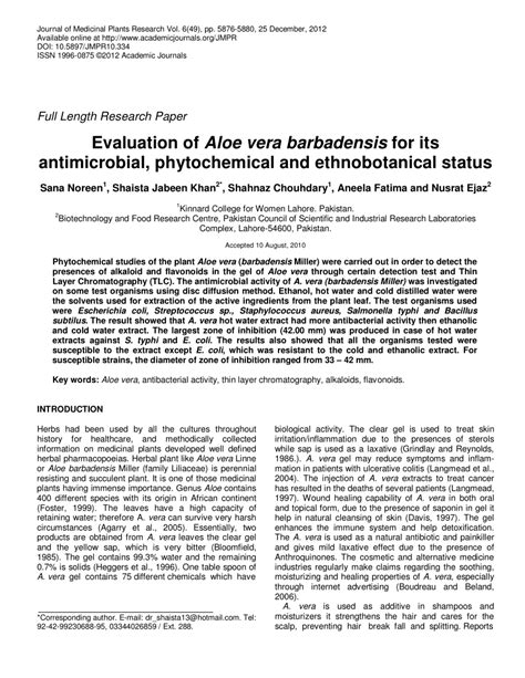 PDF Evaluation Of Aloe Vera Barbadensis For Its Antimicrobial