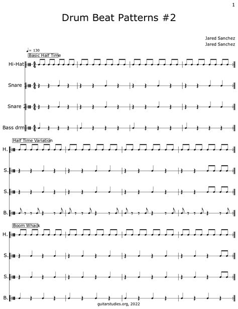 Drum Beat Patterns 2 Sheet Music For Closed Hi Hat Marching Snare