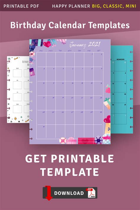 Happy Planner Monthly Birthday Calendar Printable Insert Etsy In 2021