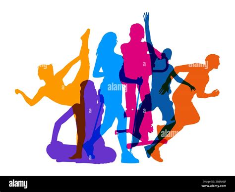 Silhouettes Of Many Different Active People Doing Sports As A Fitness