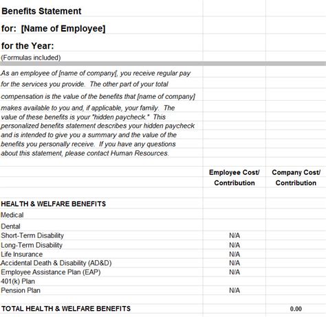 The benefit statement can include specific information about an employee's compensation and when you create a benefit statement, you create benefit statement headings that correspond to the. Employee Benefits Statement Template - My Excel Templates