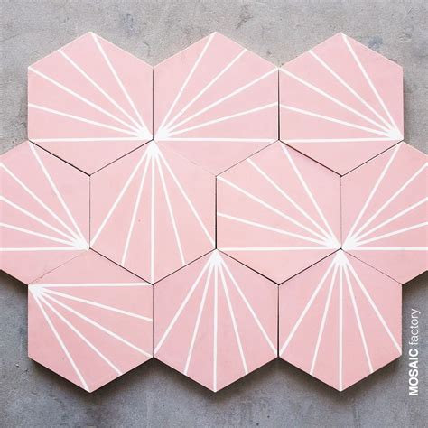 Powdery Pink Hexagonal Cement Tile With White Linear Dandelion Inspired