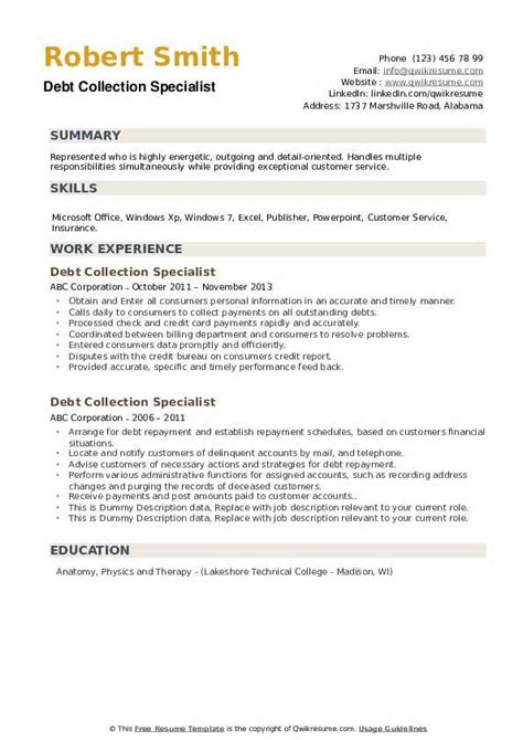 Job description auto finance credit corporation, a family operated dealership, is seeking an experienced automotive title clerk and collections officer. Debt Collection Specialist Resume Samples | QwikResume