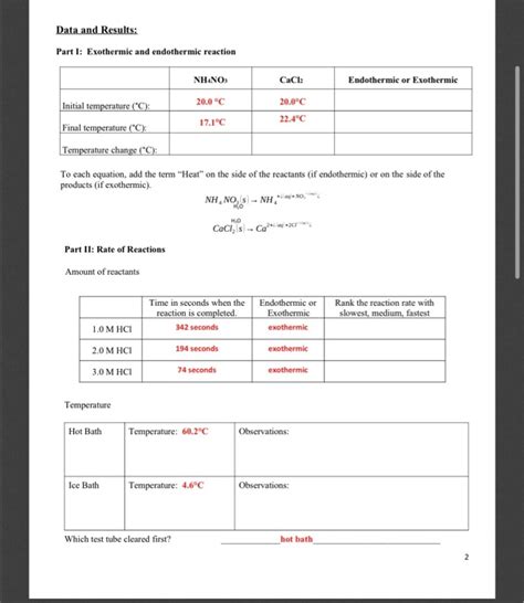Solved Data And Results Part I Exothermic And Endothermic