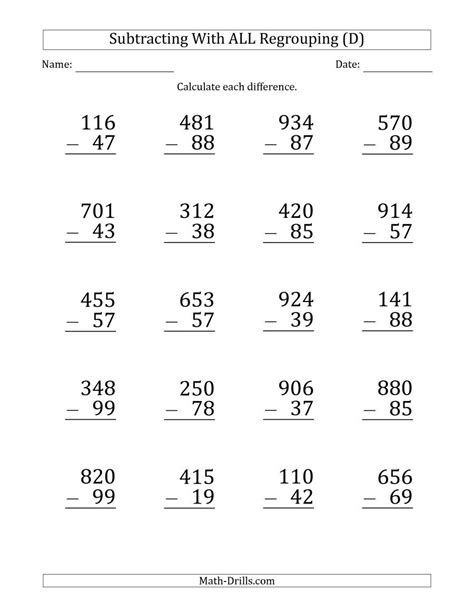 Subtraction Of Whole Numbers With Regrouping Worksheets