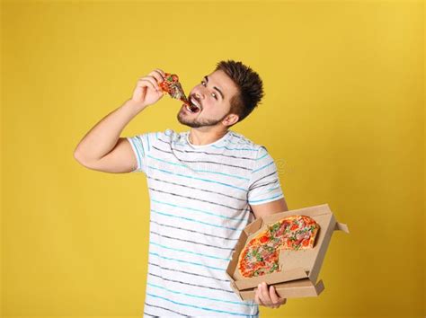 Handsome Man Eating Tasty Pizza On Background Stock Image Image Of