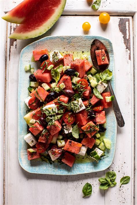 Greek Watermelon Feta Salad With Basil Vinaigrette Half Baked