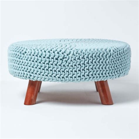 A wooden footstool is a great way to relax and put your feet up, and an even better way to reach something on a high shelf. Baby Blue Knitted Footstool with Wooden Legs Large 62 x 62 ...