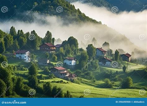 Misty Morning In A Serene Mountain Village Stock Photo Image Of