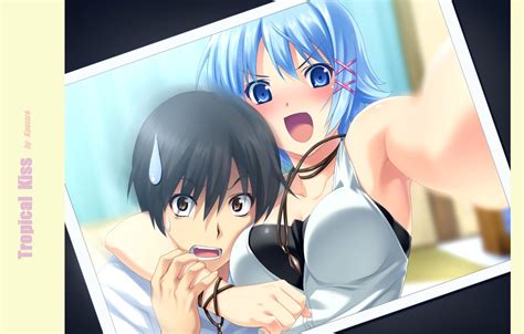 Обои кадр голубые волосы обьятия Tropical Kiss селфи Visual Novel