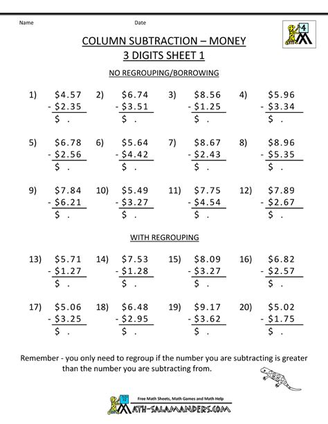 Money Adding And Subtracting Worksheets