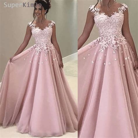 Superkimjo Lace Applique Prom Dresses 2020 Pink Tulle Cap Sleeve A Line Prom Gown For Women