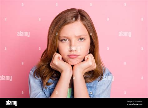 Photo Portrait Girl Bad Mood Grumpy Face Unhappy Isolated Pastel Pink Color Background Stock