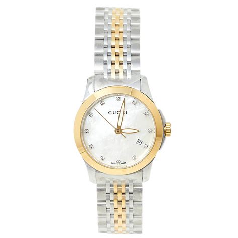 Gucci Mother Of Pearl Two Tone Stainless Steel Diamond G Timeless